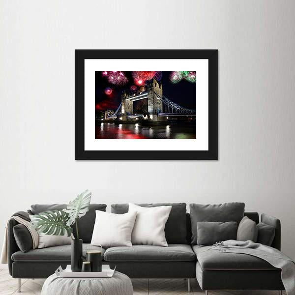 Tower Bridge With Firework Canvas Wall Art-3 Horizontal-Gallery Wrap-25" x 16"-Tiaracle