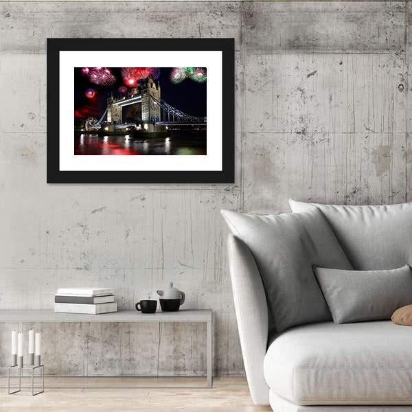 Tower Bridge With Firework Canvas Wall Art-3 Horizontal-Gallery Wrap-25" x 16"-Tiaracle