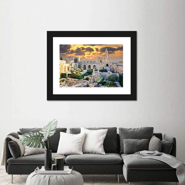 Tower of David at Sunset, Jerusalem Palestine Canvas Wall Art in beige, orange and yellow, framed print, product view on a white background