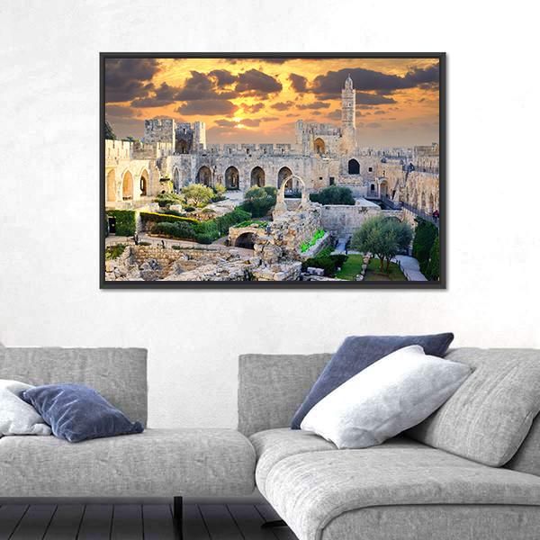 Tower of David at Sunset, Jerusalem Palestine Canvas Wall Art in beige, orange and yellow, single panel hung on a wall