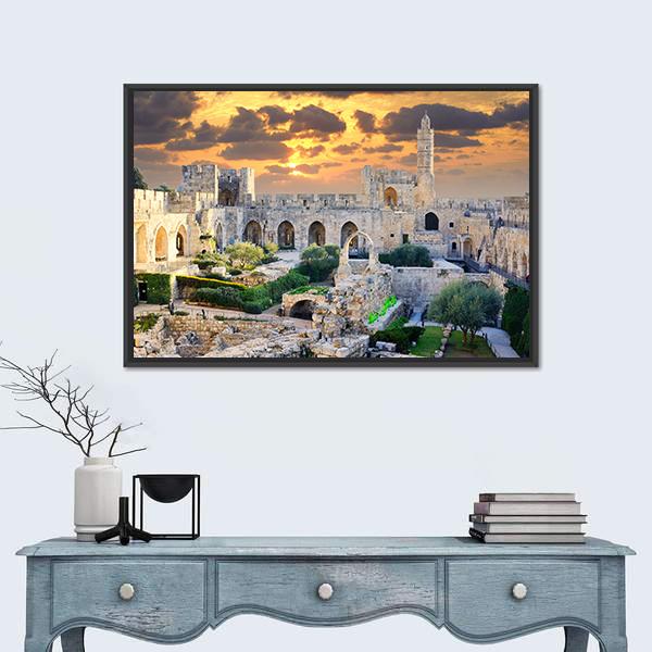 Tower Of David in Jerusalem Palestine Canvas Wall Art-3 Horizontal-Gallery Wrap-25" x 16"-Tiaracle