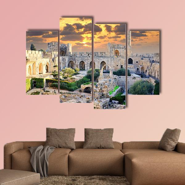 Tower of David at Sunset, Jerusalem Palestine Canvas Wall Art in beige, orange and yellow, single panel hung on a wall
