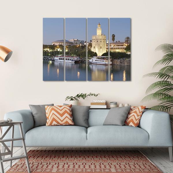 Tower Of Gold On Banks Of The Guadalquivir River Canvas Wall Art-4 Horizontal-Gallery Wrap-34" x 24"-Tiaracle