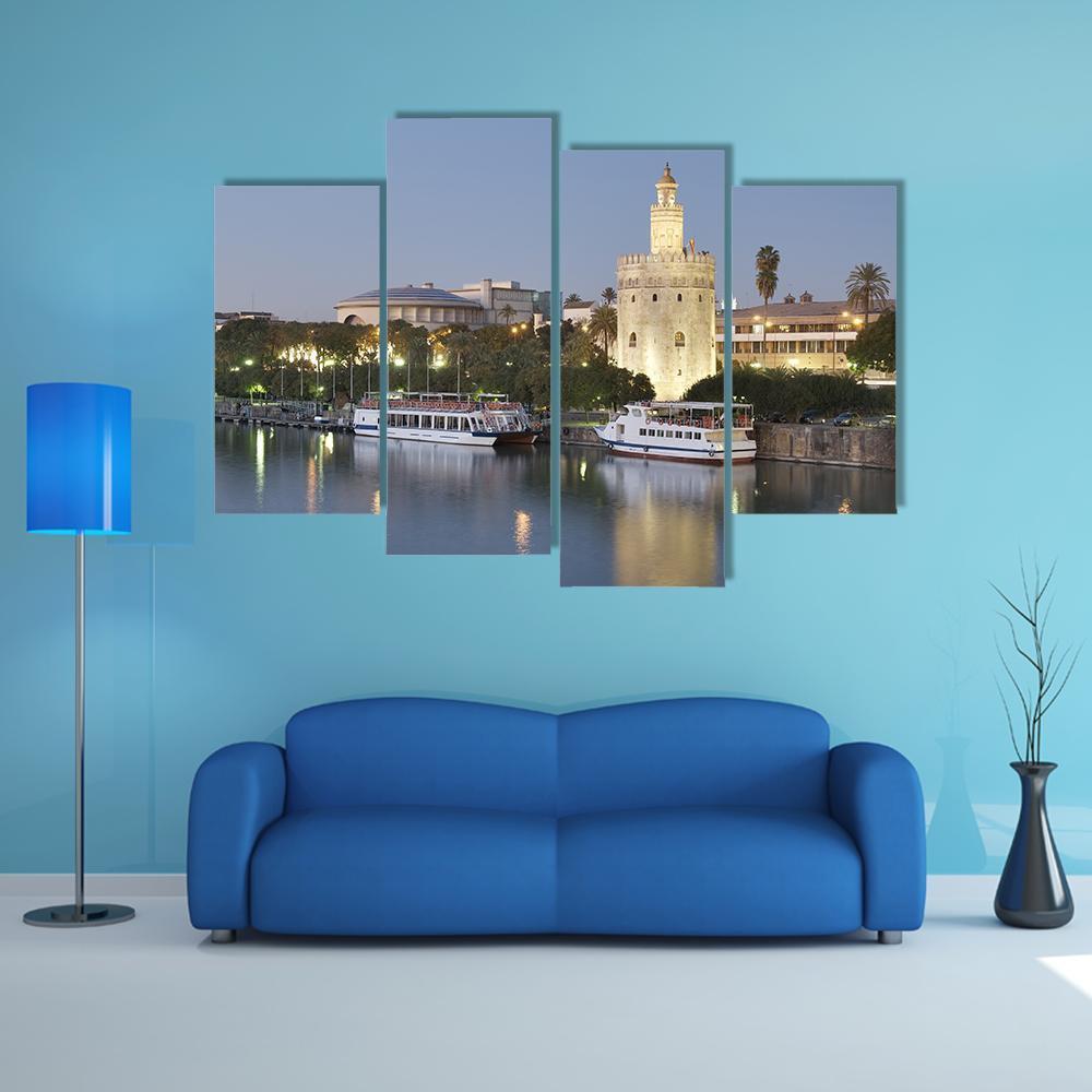 Tower Of Gold On Banks Of The Guadalquivir River Canvas Wall Art-4 Pop-Gallery Wrap-50" x 32"-Tiaracle