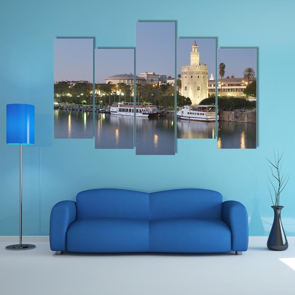 Tower Of Gold On Banks Of The Guadalquivir River Canvas Wall Art-5 Pop-Gallery Wrap-47" x 32"-Tiaracle