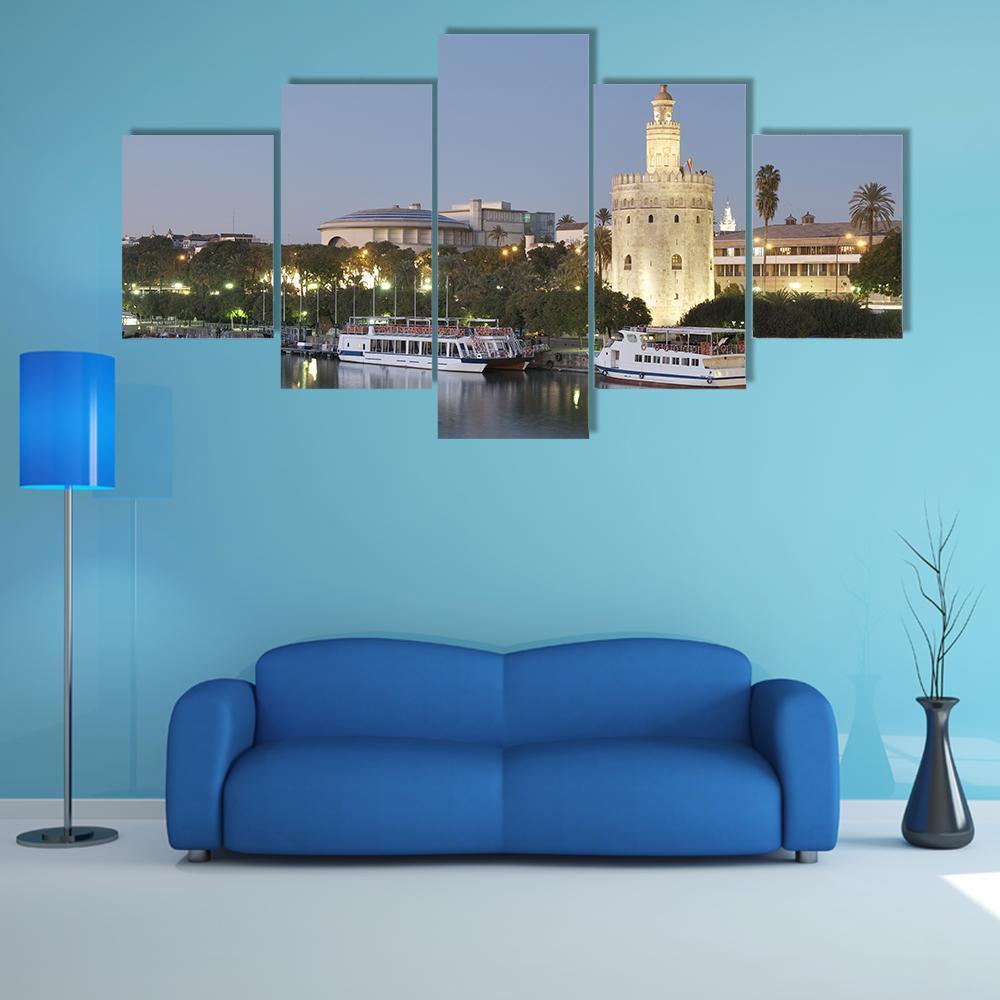 Tower Of Gold On Banks Of The Guadalquivir River Canvas Wall Art-5 Star-Gallery Wrap-62" x 32"-Tiaracle