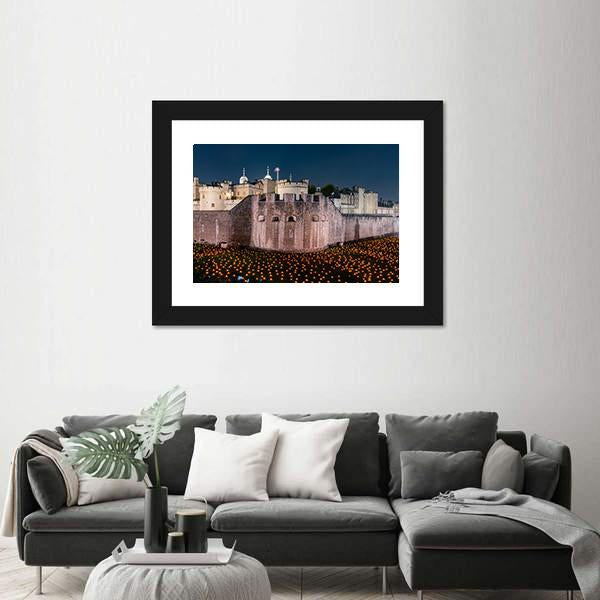 Tower Of London Flames Canvas Wall Art-1 Piece-Framed Print-20" x 16"-Tiaracle
