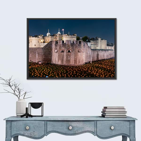 Tower Of London Flames Canvas Wall Art-3 Horizontal-Gallery Wrap-25" x 16"-Tiaracle