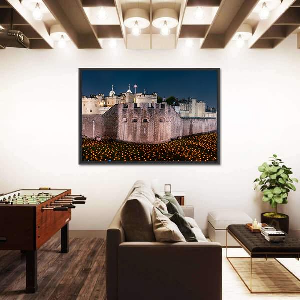 Tower Of London Flames Canvas Wall Art-3 Horizontal-Gallery Wrap-25" x 16"-Tiaracle