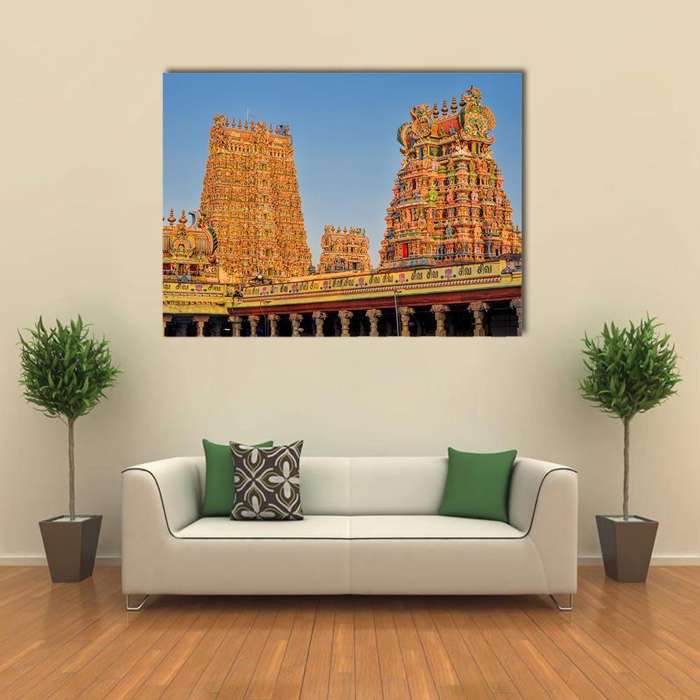 Meenakshi Amman Temple at Daytime Canvas Wall Art in orange, blue and multicolor, single panel hung on a wall