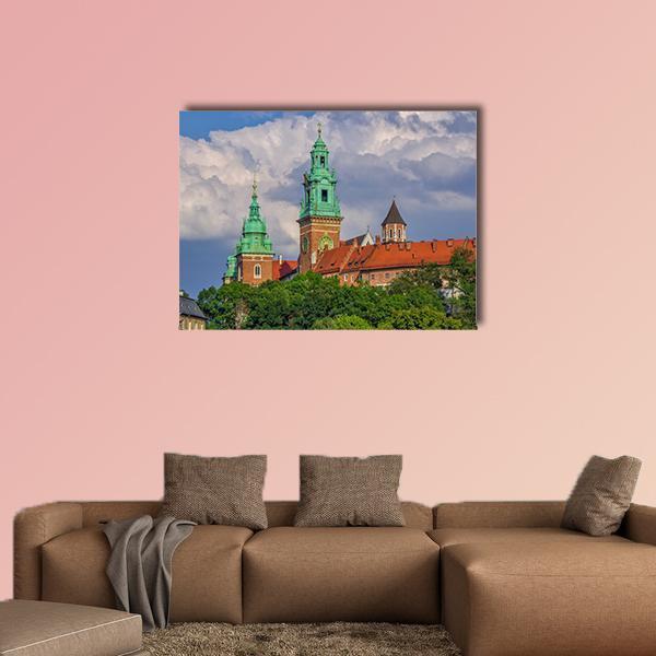View of Wawel Cathedral Towers Canvas Wall Art in brown, green and blue, single panel hung on a wall