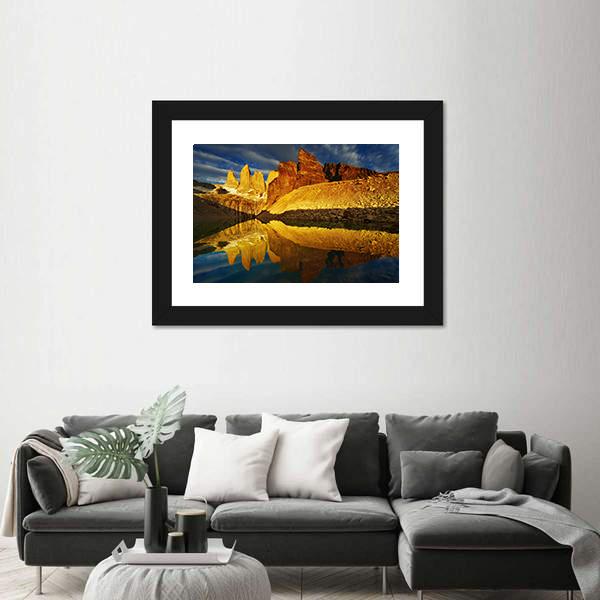 Towers With Reflection At Sunrise Canvas Wall Art-1 Piece-Framed Print-20" x 16"-Tiaracle