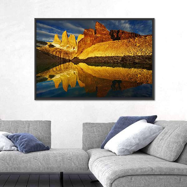 Towers With Reflection At Sunrise Canvas Wall Art-1 Piece-Floating Frame-24" x 16"-Tiaracle
