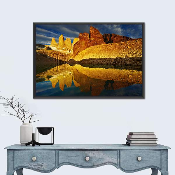 Towers With Reflection At Sunrise Canvas Wall Art-5 Horizontal-Gallery Wrap-22" x 12"-Tiaracle