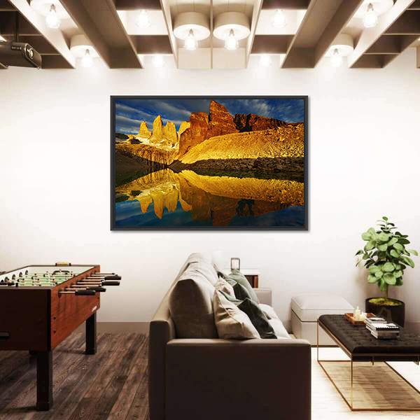 Towers With Reflection At Sunrise Canvas Wall Art-3 Horizontal-Gallery Wrap-25" x 16"-Tiaracle