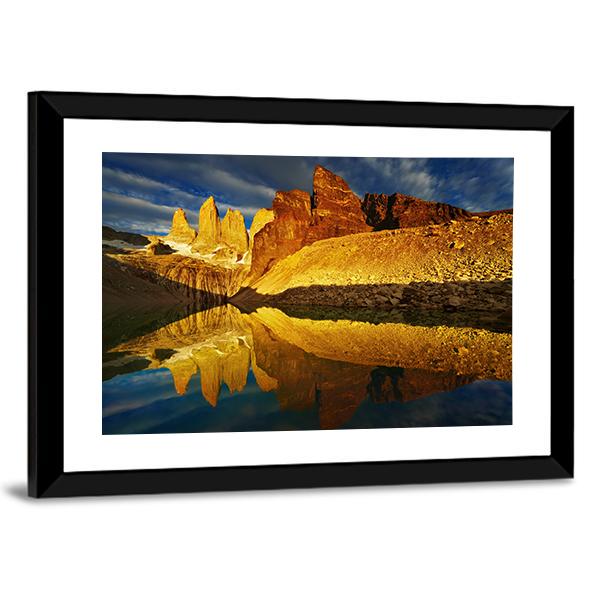 Towers With Reflection At Sunrise Canvas Wall Art-5 Horizontal-Gallery Wrap-22" x 12"-Tiaracle