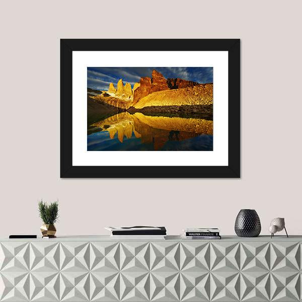 Towers With Reflection At Sunrise Canvas Wall Art-5 Horizontal-Gallery Wrap-22" x 12"-Tiaracle