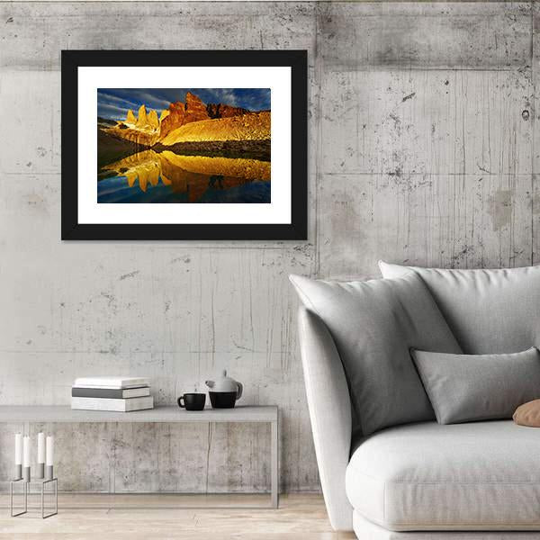 Towers With Reflection At Sunrise Canvas Wall Art-5 Horizontal-Gallery Wrap-22" x 12"-Tiaracle