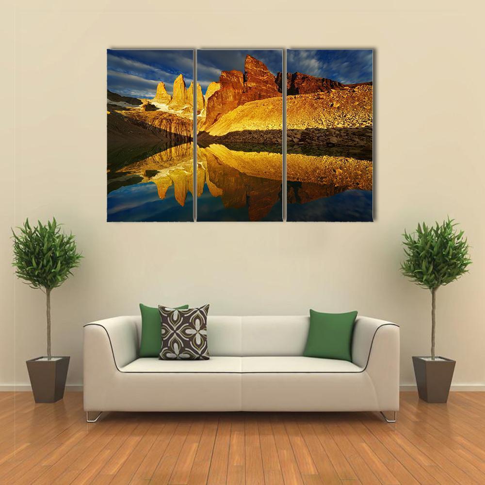 Towers With Reflection At Sunrise Canvas Wall Art-5 Star-Gallery Wrap-62" x 32"-Tiaracle