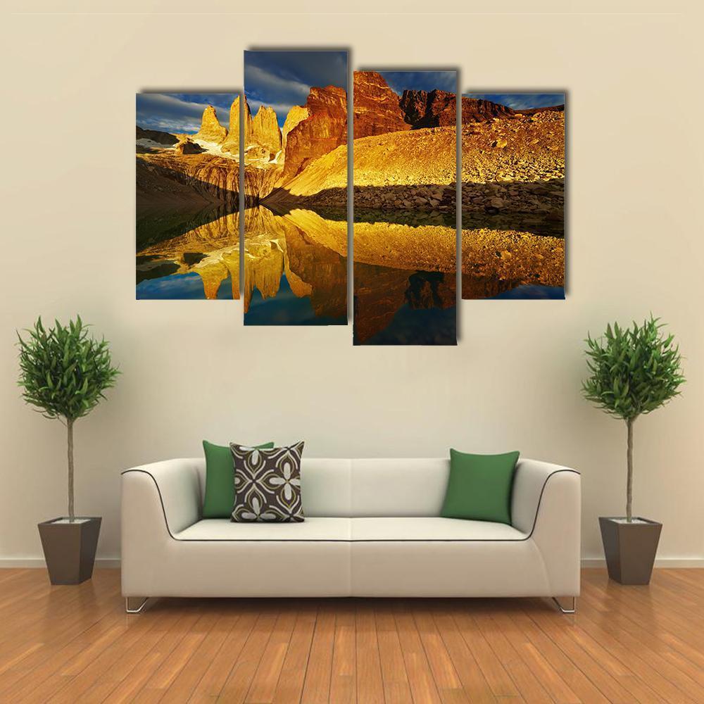 Towers With Reflection At Sunrise Canvas Wall Art-4 Pop-Gallery Wrap-50" x 32"-Tiaracle