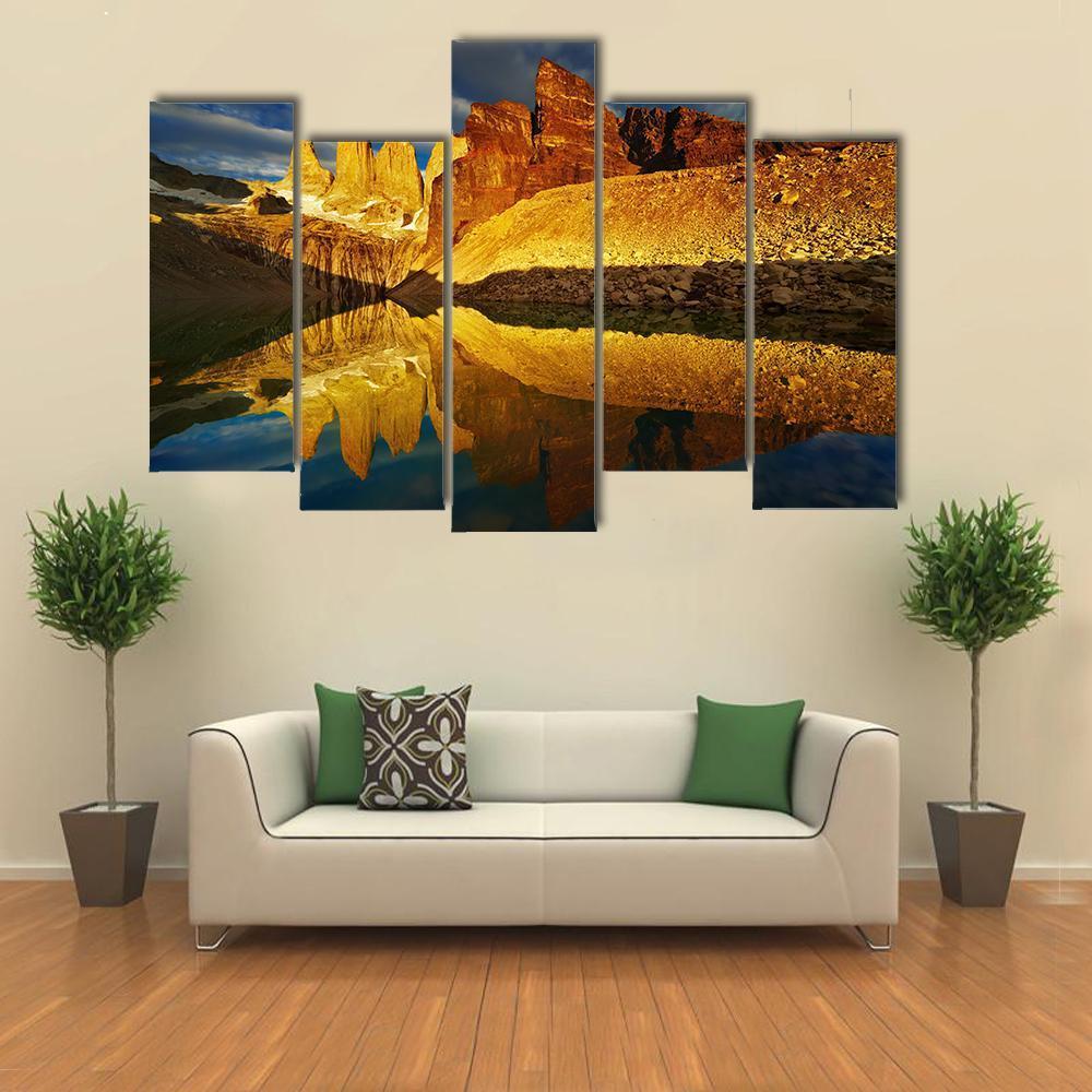 Towers With Reflection At Sunrise Canvas Wall Art-5 Pop-Gallery Wrap-47" x 32"-Tiaracle