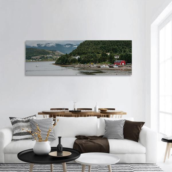 Town Along Bonne Bay Coast In Canada Panoramic Canvas Wall Art-3 Piece-25" x 08"-Tiaracle