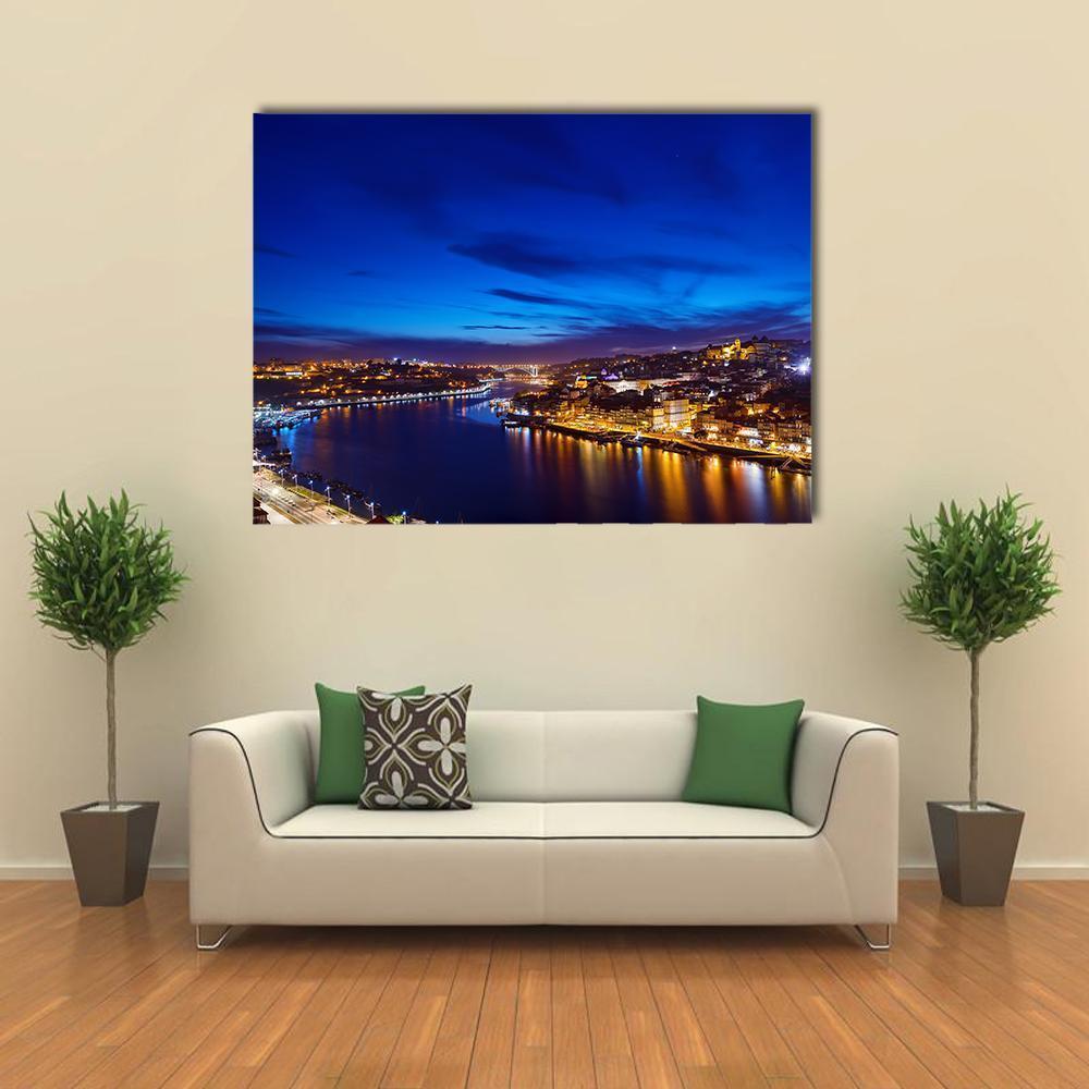 Town Coastline on the Douro River Canvas Wall Art in orange, yellow and blue, single panel hung on a wall