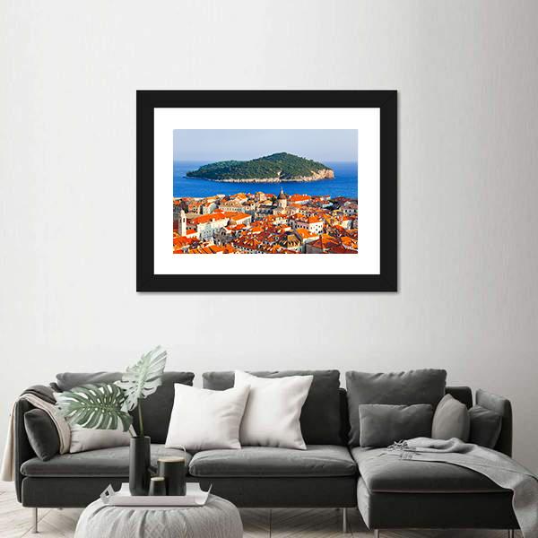 Town Dubrovnik And Island In Croatia Canvas Wall Art-1 Piece-Framed Print-20" x 16"-Tiaracle