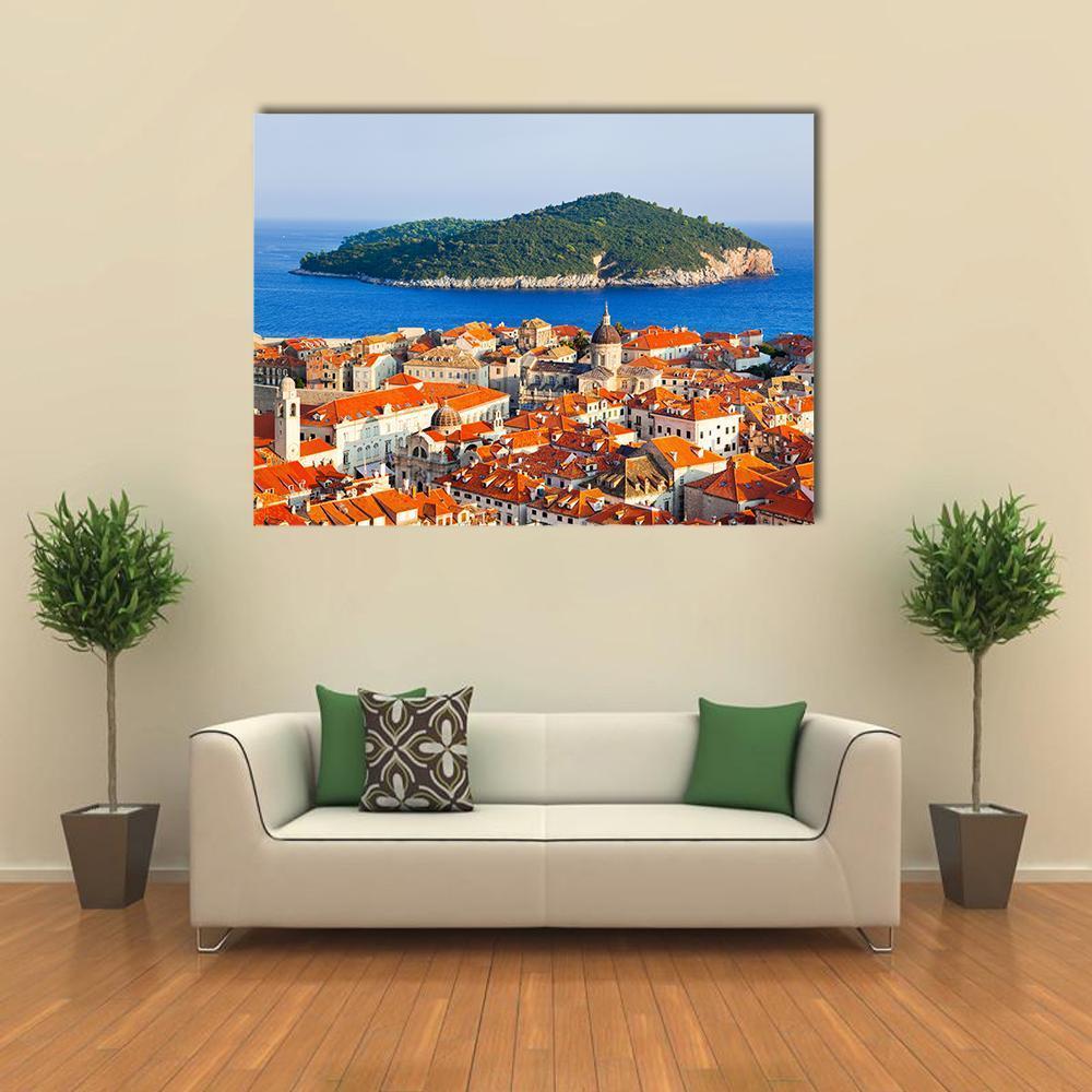Dubrovnik Town and Island Seascape Canvas Wall Art in white, orange and blue, single panel hung on a wall