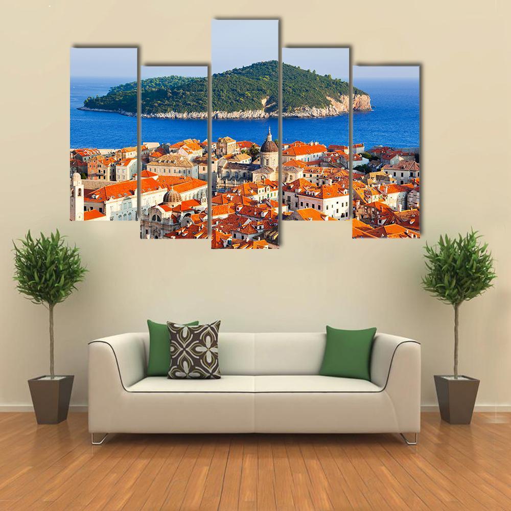 Town Dubrovnik And Island In Croatia Canvas Wall Art-5 Pop-Gallery Wrap-47" x 32"-Tiaracle
