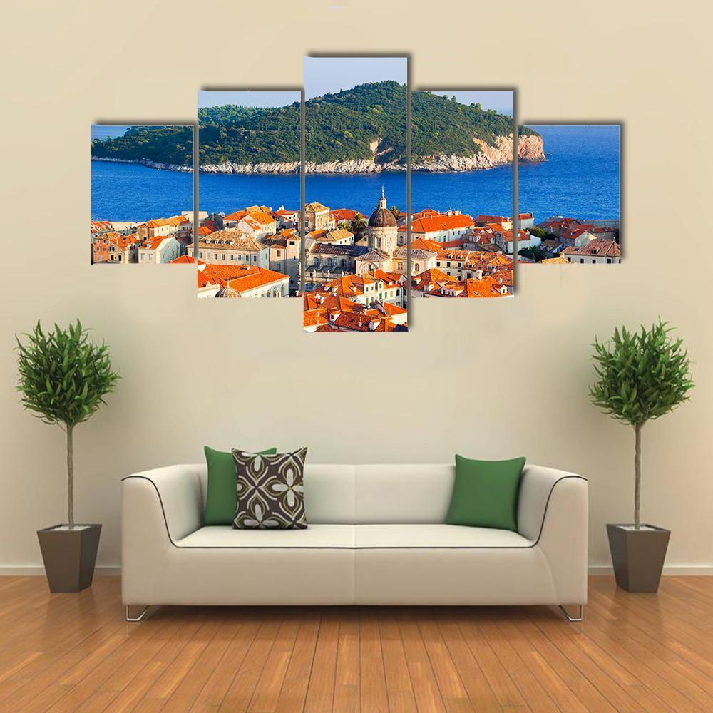 Town Dubrovnik And Island In Croatia Canvas Wall Art-5 Star-Gallery Wrap-62" x 32"-Tiaracle