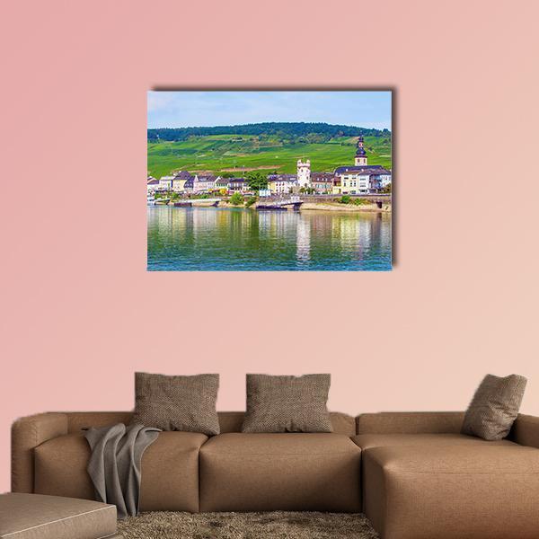 Rudesheim Am Rhein Riverfront Vineyards Canvas Wall Art in green and blue, single panel hung on a wall