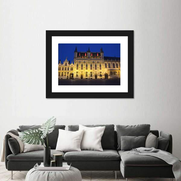Town Hall And Burg Square In Bruges At Night Canvas Wall Art-1 Piece-Framed Print-20" x 16"-Tiaracle