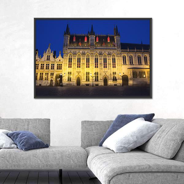 Town Hall And Burg Square In Bruges At Night Canvas Wall Art-1 Piece-Floating Frame-24" x 16"-Tiaracle