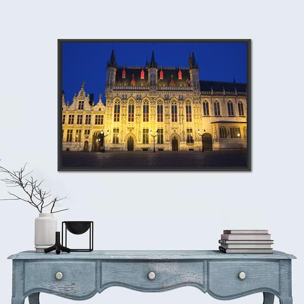 Town Hall And Burg Square In Bruges At Night Canvas Wall Art-3 Horizontal-Gallery Wrap-25" x 16"-Tiaracle