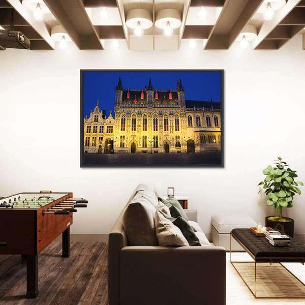 Town Hall And Burg Square In Bruges At Night Canvas Wall Art-3 Horizontal-Gallery Wrap-25" x 16"-Tiaracle