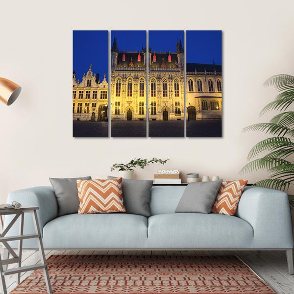 Town Hall And Burg Square In Bruges At Night Canvas Wall Art-4 Horizontal-Gallery Wrap-34" x 24"-Tiaracle