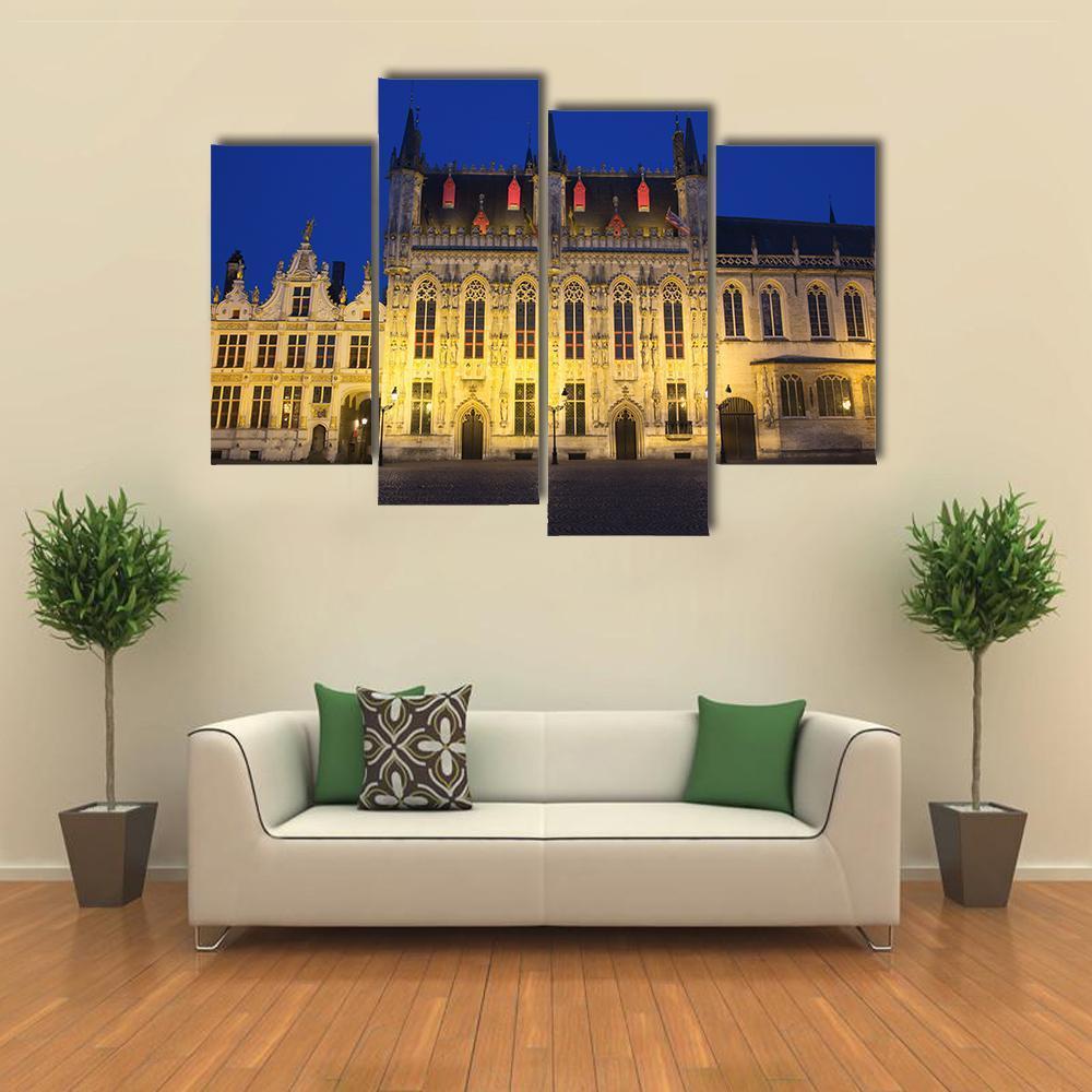 Town Hall And Burg Square In Bruges At Night Canvas Wall Art-4 Pop-Gallery Wrap-50" x 32"-Tiaracle
