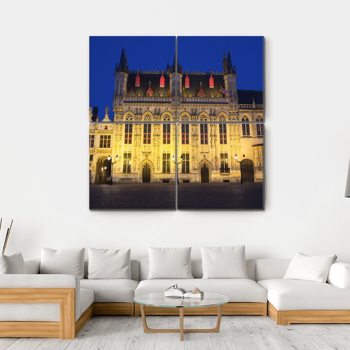 Town Hall And Burg Square In Bruges At Night Canvas Wall Art-4 Square-Gallery Wrap-17" x 17"-Tiaracle