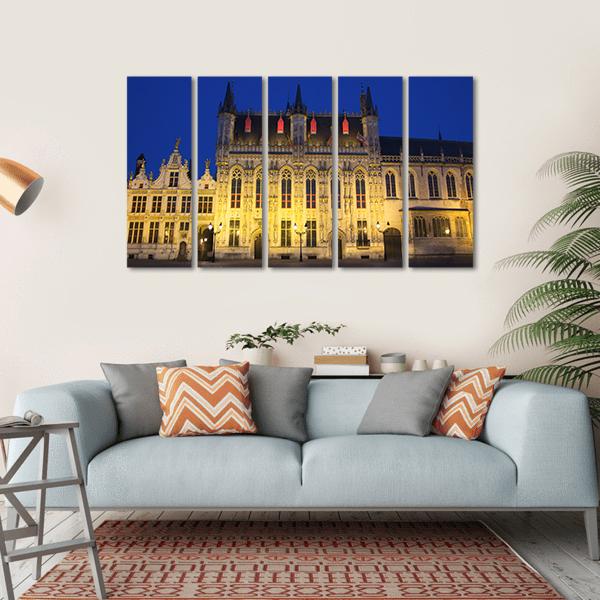 Town Hall And Burg Square In Bruges At Night Canvas Wall Art-5 Horizontal-Gallery Wrap-22" x 12"-Tiaracle