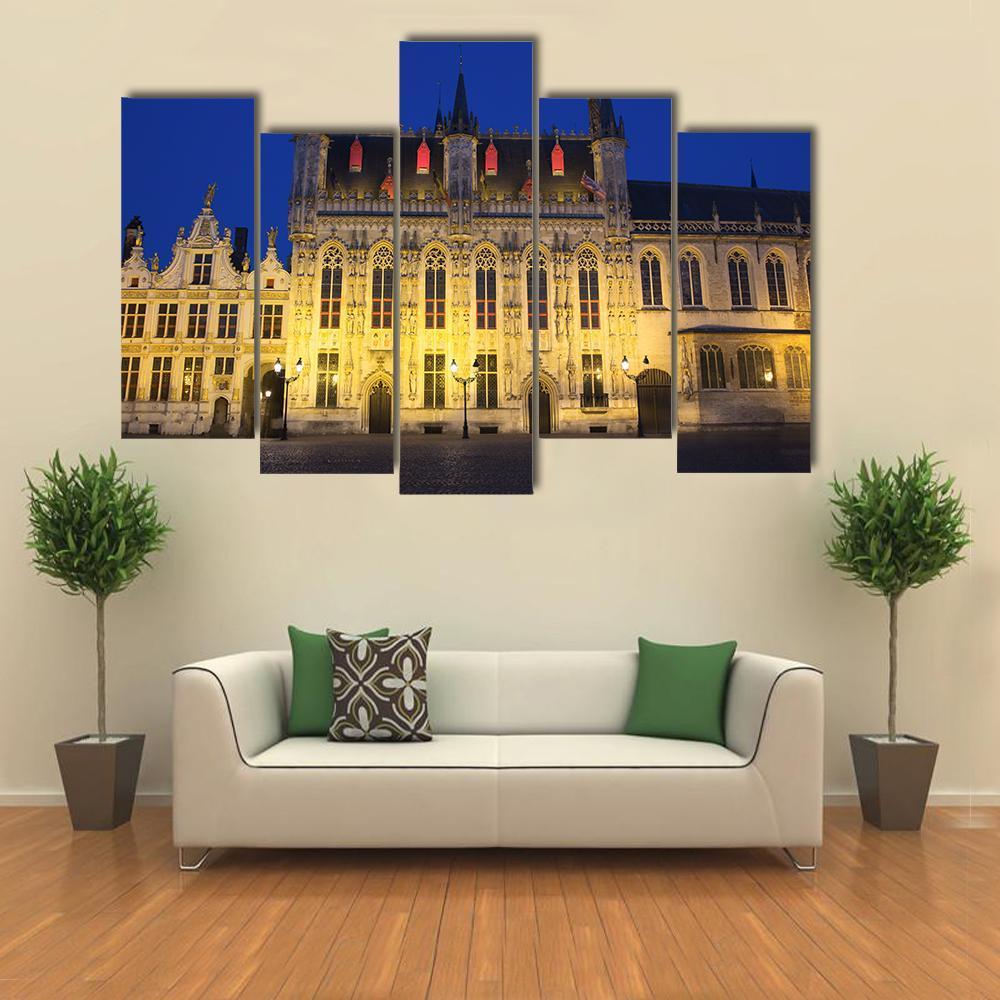 Town Hall And Burg Square In Bruges At Night Canvas Wall Art-5 Pop-Gallery Wrap-47" x 32"-Tiaracle
