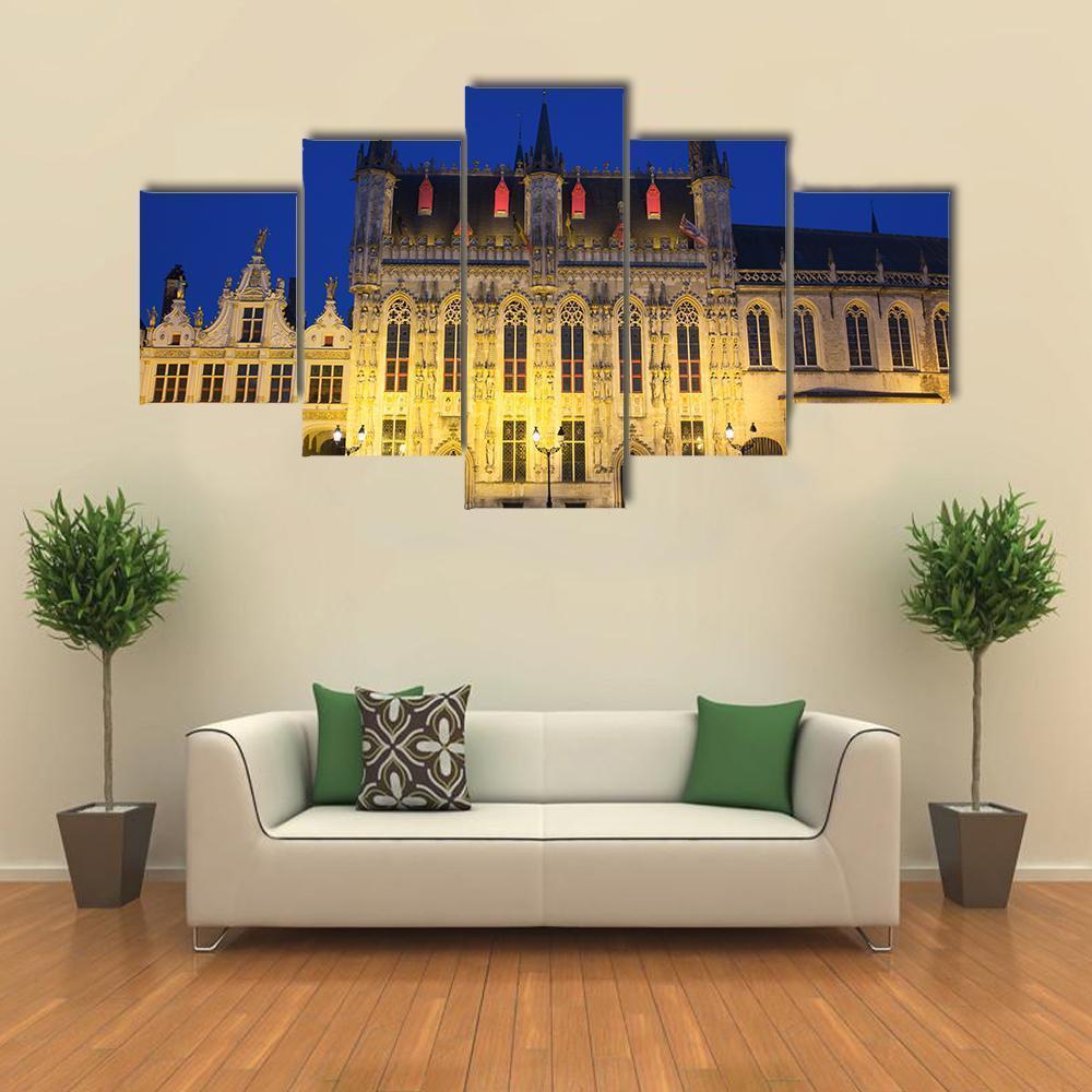 Town Hall And Burg Square In Bruges At Night Canvas Wall Art-5 Star-Gallery Wrap-62" x 32"-Tiaracle