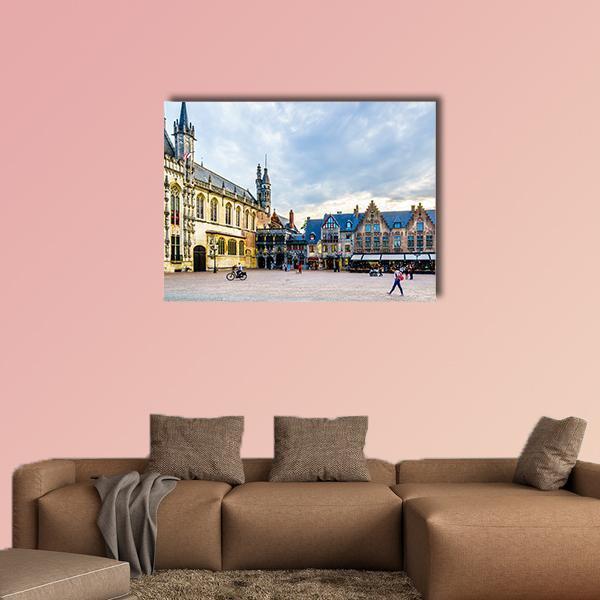 Town Hall and Holy Blood on Burg Square Canvas Wall Art in gray, beige and blue, single panel hung on a wall