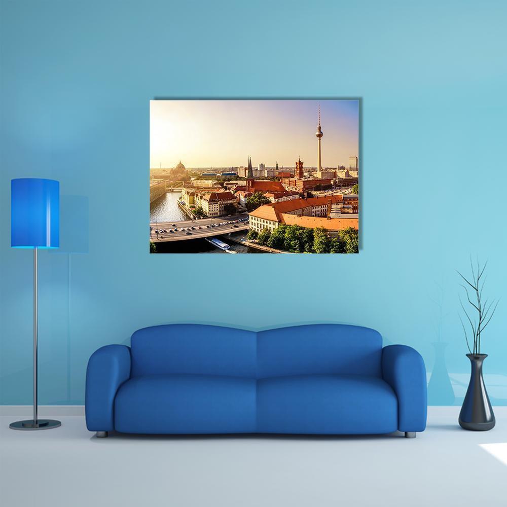 Berlin Town Hall and Tv Tower Canvas Wall Art in orange, yellow and blue, single panel hung on a wall