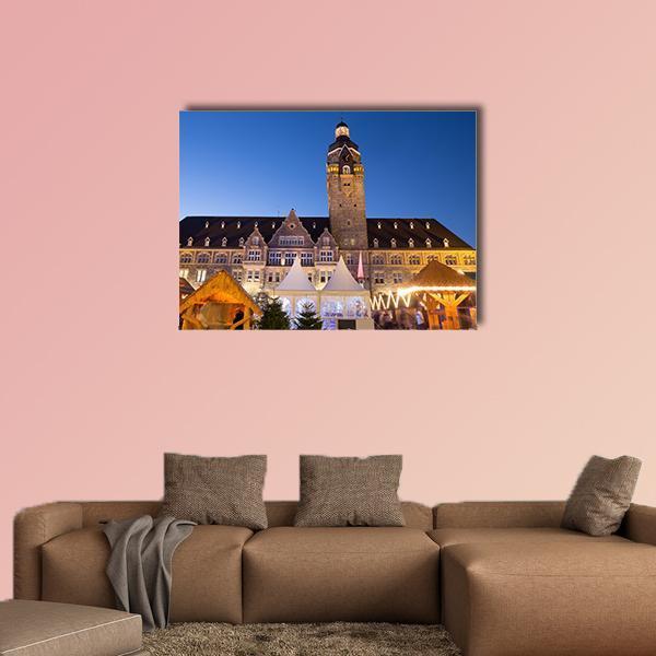 Remscheid Town Hall Christmas Market at Night Canvas Wall Art in brown, yellow and blue, single panel hung on a wall