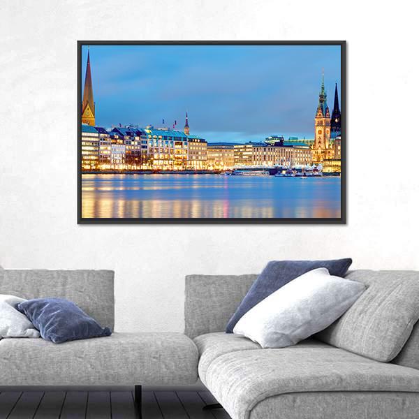 Town Hall &amp; River Alster Canvas Wall Art-1 Piece-Floating Frame-24" x 16"-Tiaracle