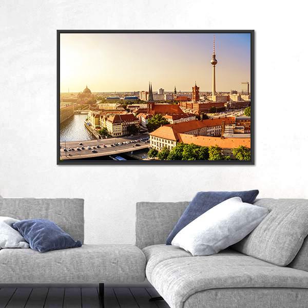 Town Hall & Tv Tower Canvas Wall Art-1 Piece-Floating Frame-24" x 16"-Tiaracle
