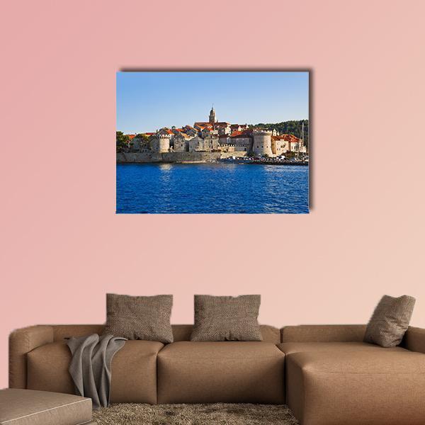 Korcula Town, Croatia Canvas Wall Art in beige, orange and blue, single panel hung on a wall