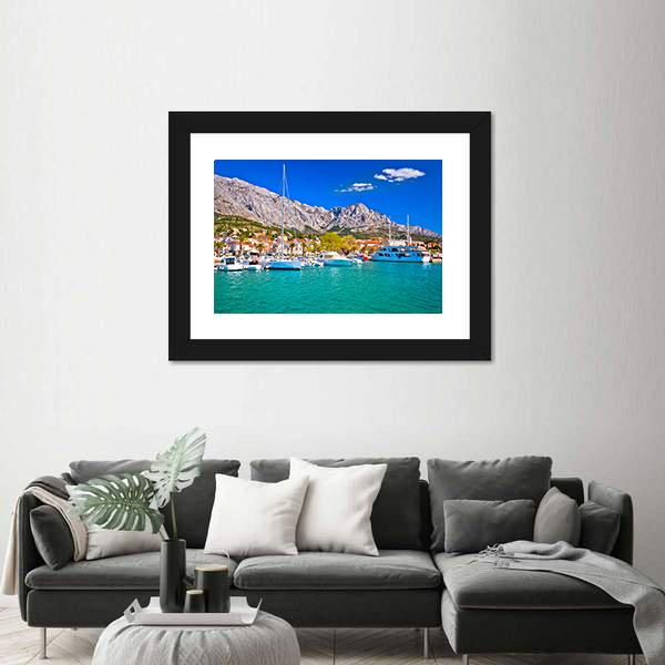 Town Of Baska Voda Waterfront View Canvas Wall Art-1 Piece-Framed Print-20" x 16"-Tiaracle
