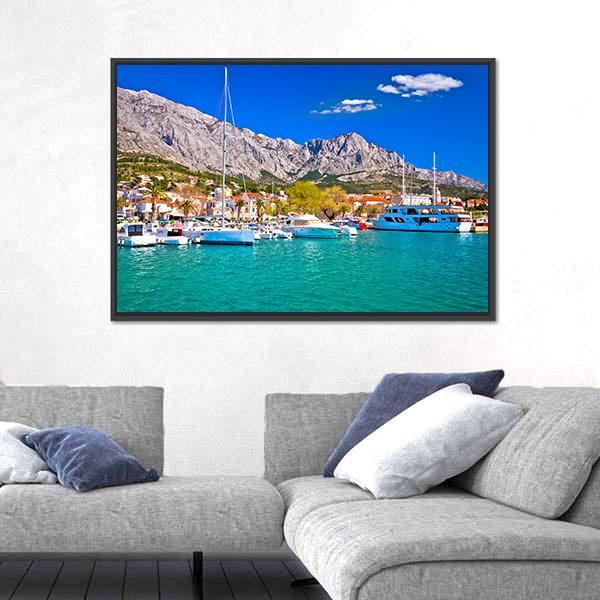 Town Of Baska Voda Waterfront View Canvas Wall Art-1 Piece-Floating Frame-24" x 16"-Tiaracle